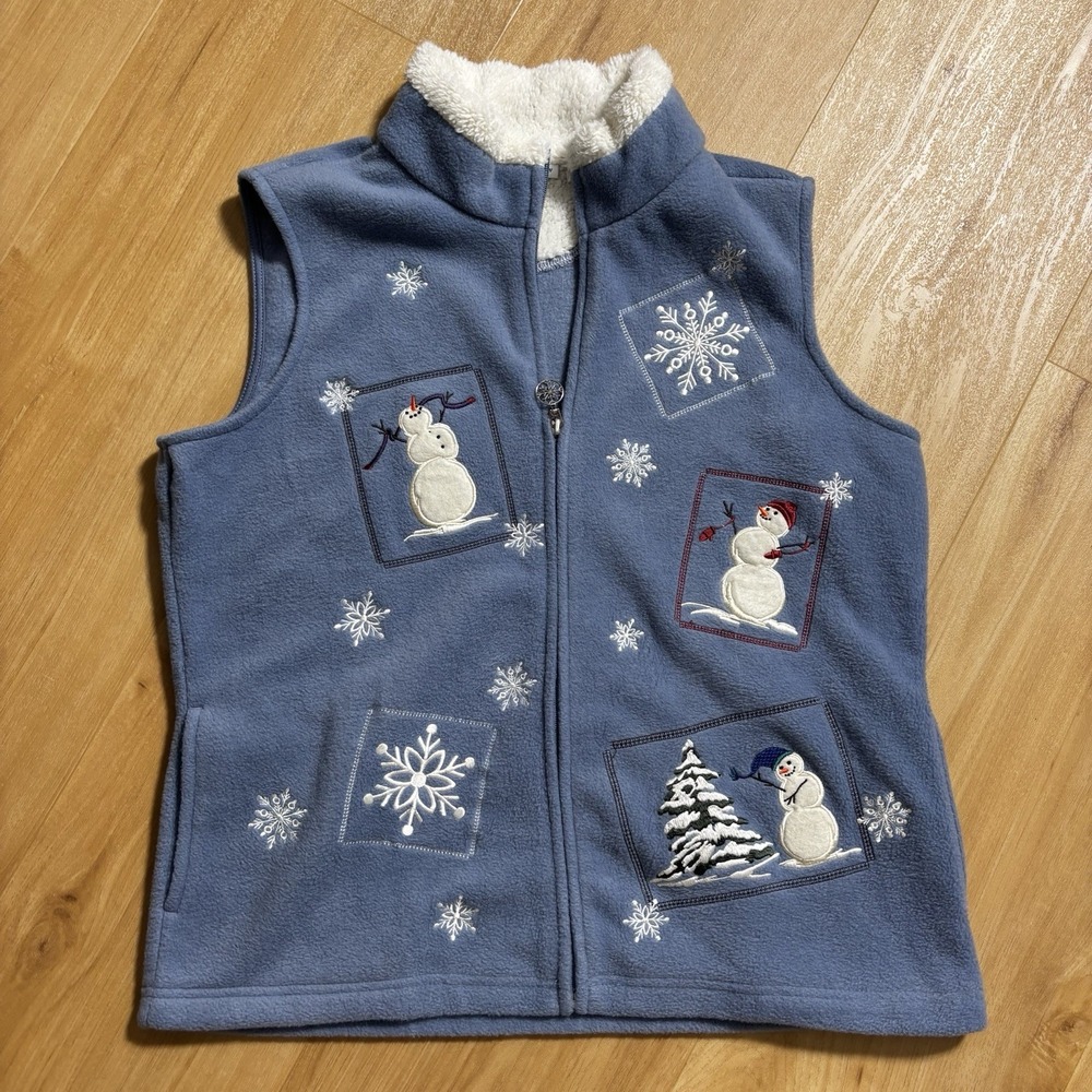 Croft Barrow Winter Vest M Blue Christmas Snowman Sherpa Fleece Grandma Cottage
